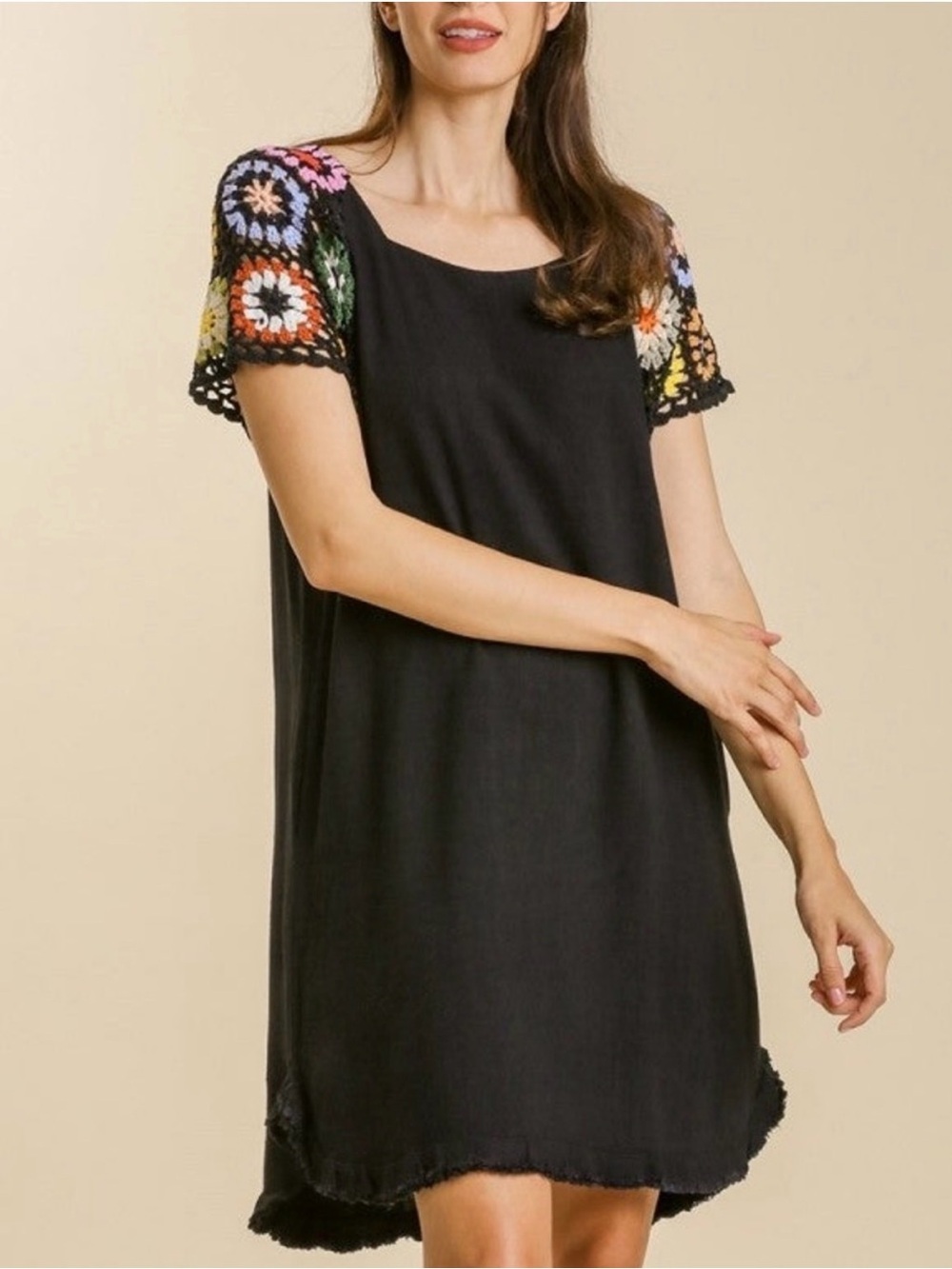 Umgee Black Dress with Multicolor Crochet Sleeves - Women's Shift Dress